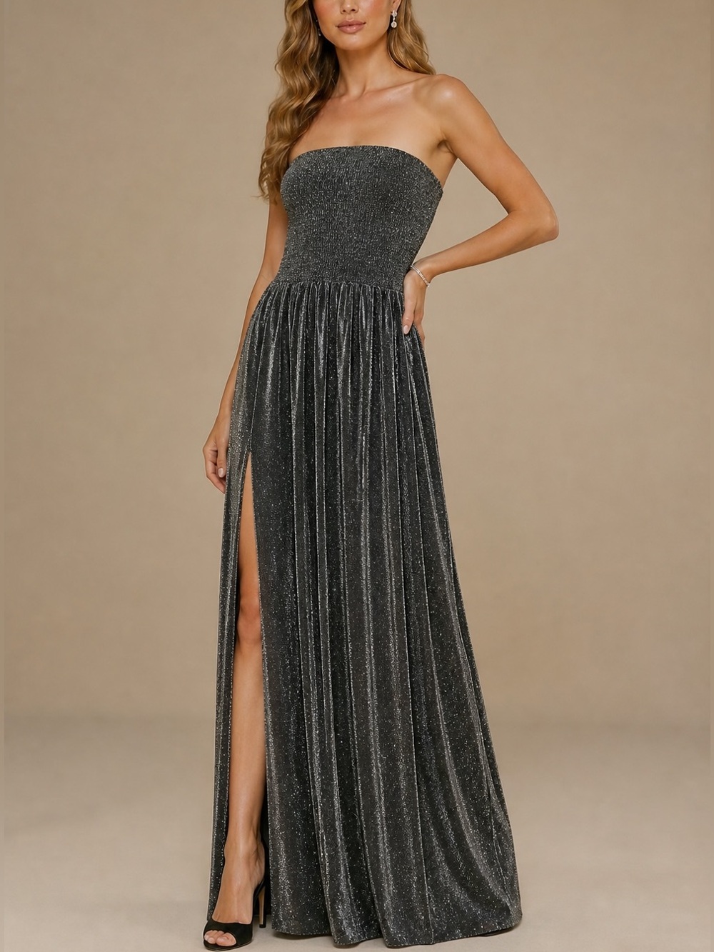 NWT RAMY BROOK Black Sparkle Strapless Smock Top Side Slit Maxi Dress Size Large